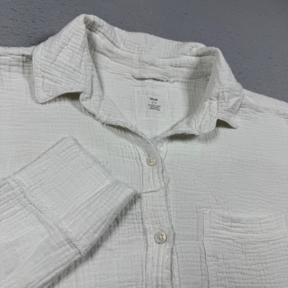 Aerie White Gauze Cotton Long Sleeve Button Down Frayed Hem Shirt Small